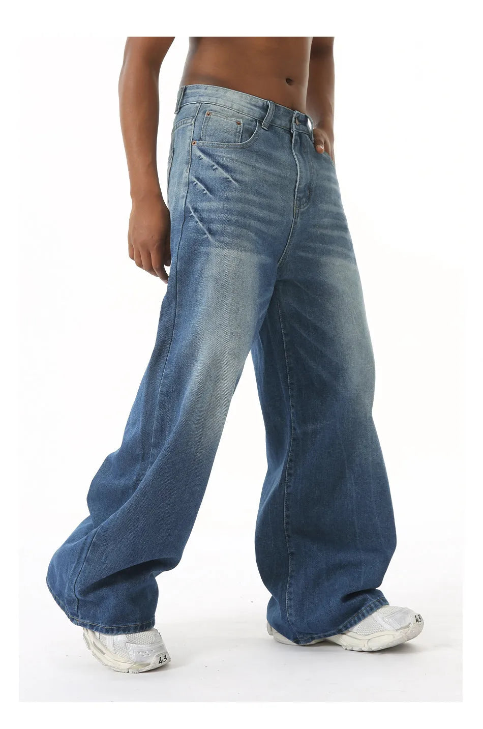 Retro washed light blue men's loose straight wide leg jeans with mid waist and zipper fly