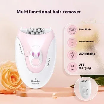 KEDA-216 coloured portable electric epilator with USB charger and cleaning brush on white background