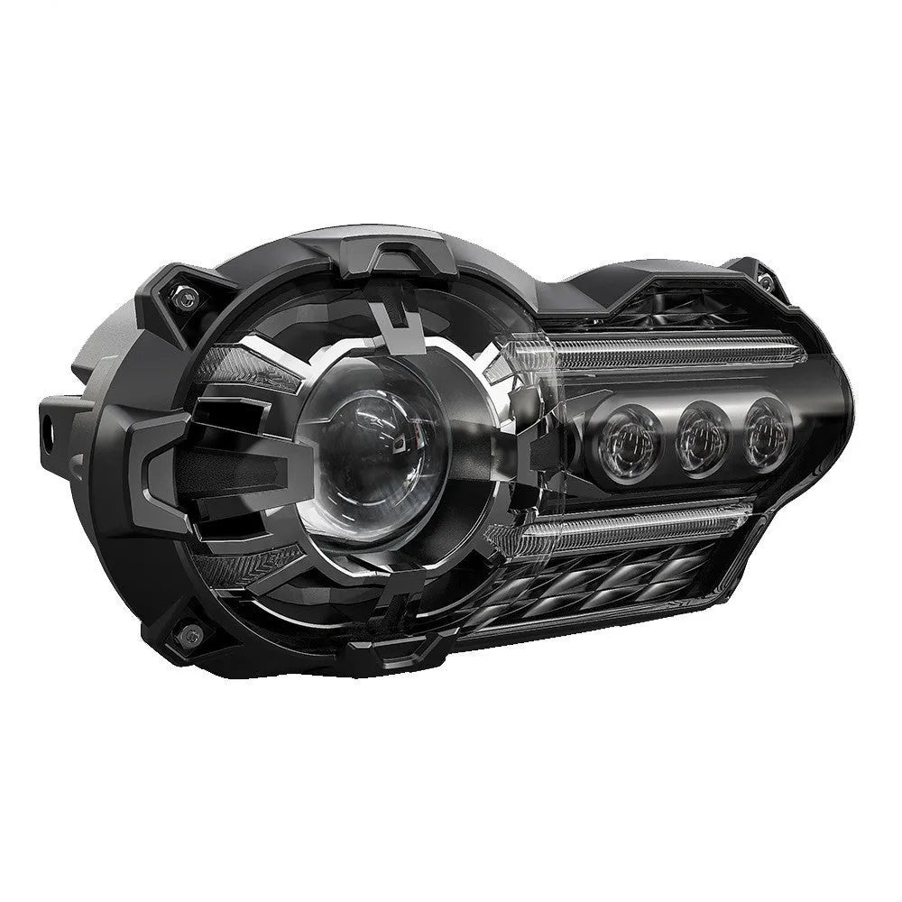 Black background LED motorcycle headlight unit for bike modification, showing polycarbonate lens.