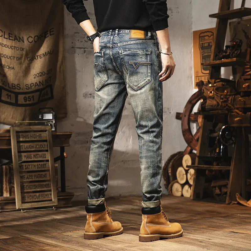 Men's vintage blue fleece-lined straight-leg jeans with drawstring closure and heavy washed denim