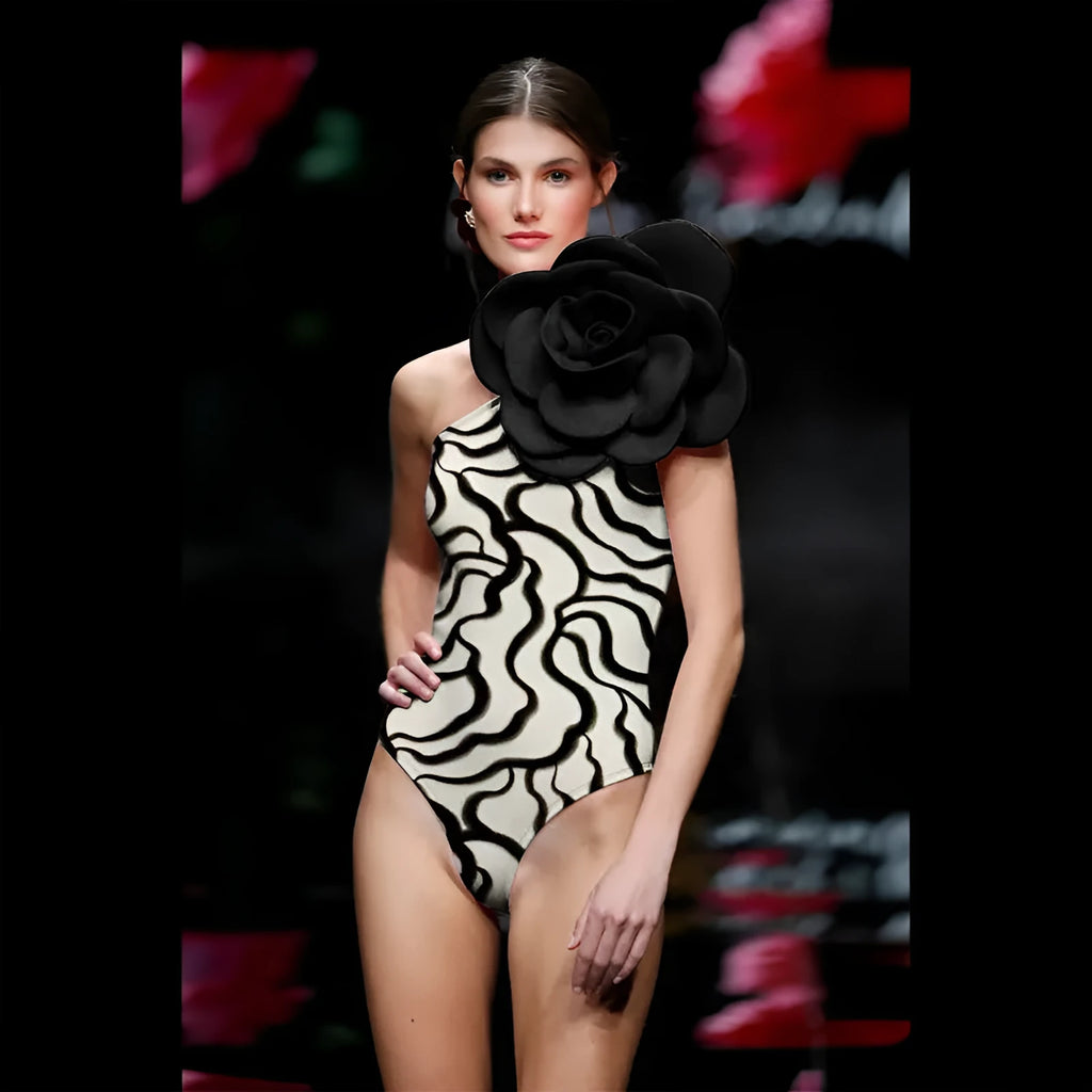 European American style one-piece swimsuit with three-dimensional floral pattern in nylon fabric