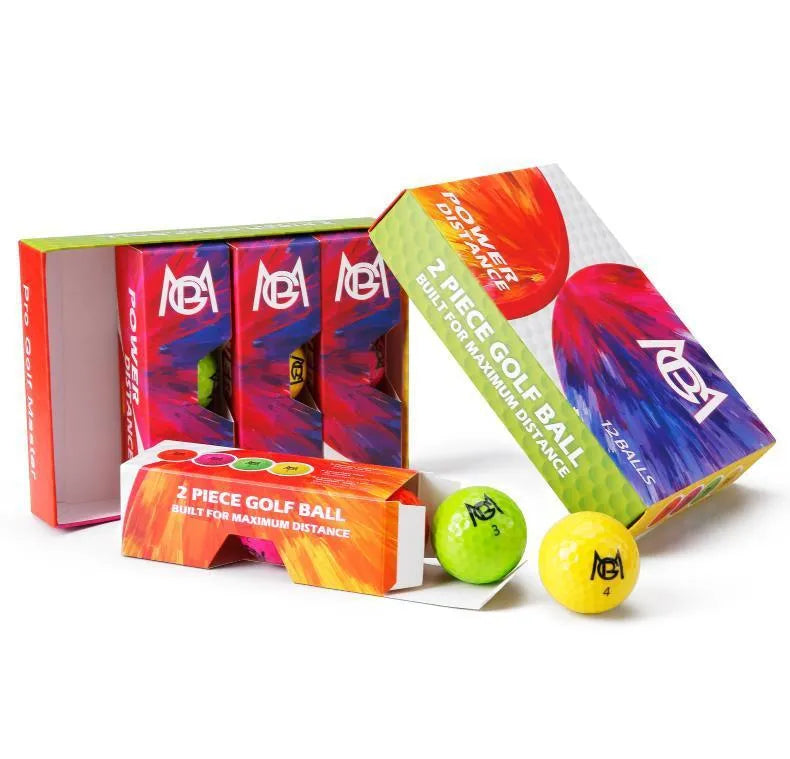 Golf colour practice ball two-layer synthetic rubber 42.6mm 12-pack orange yellow green rose