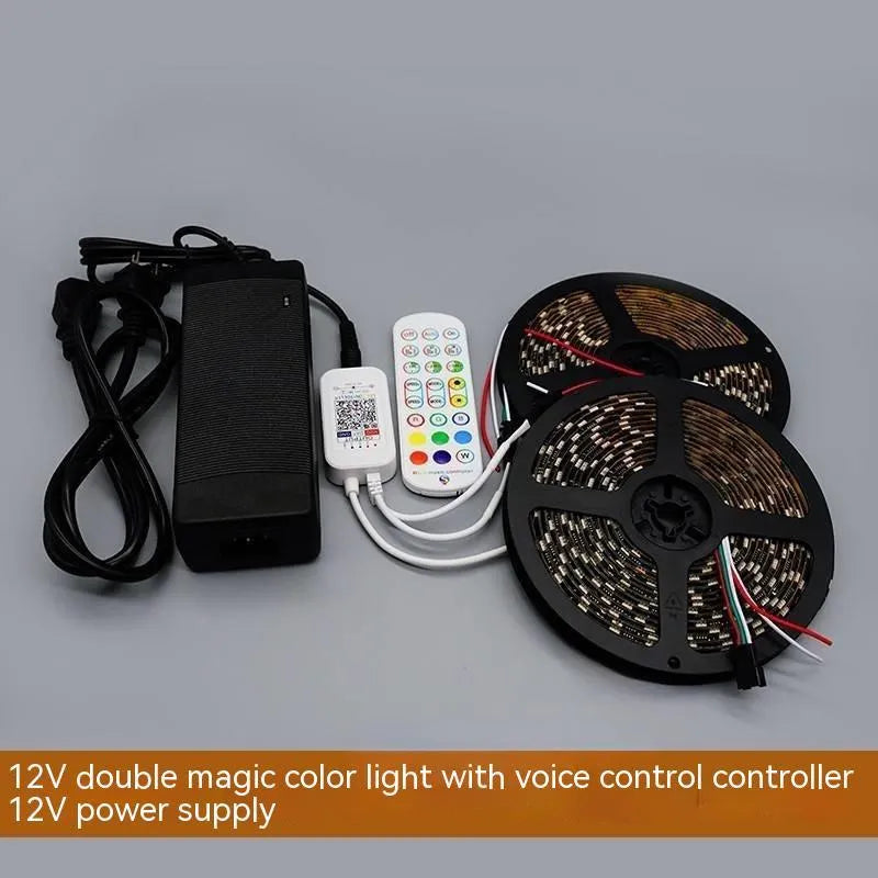 Programmable voice controlled LED strip light in black FPCB with multi-colour lighting effect