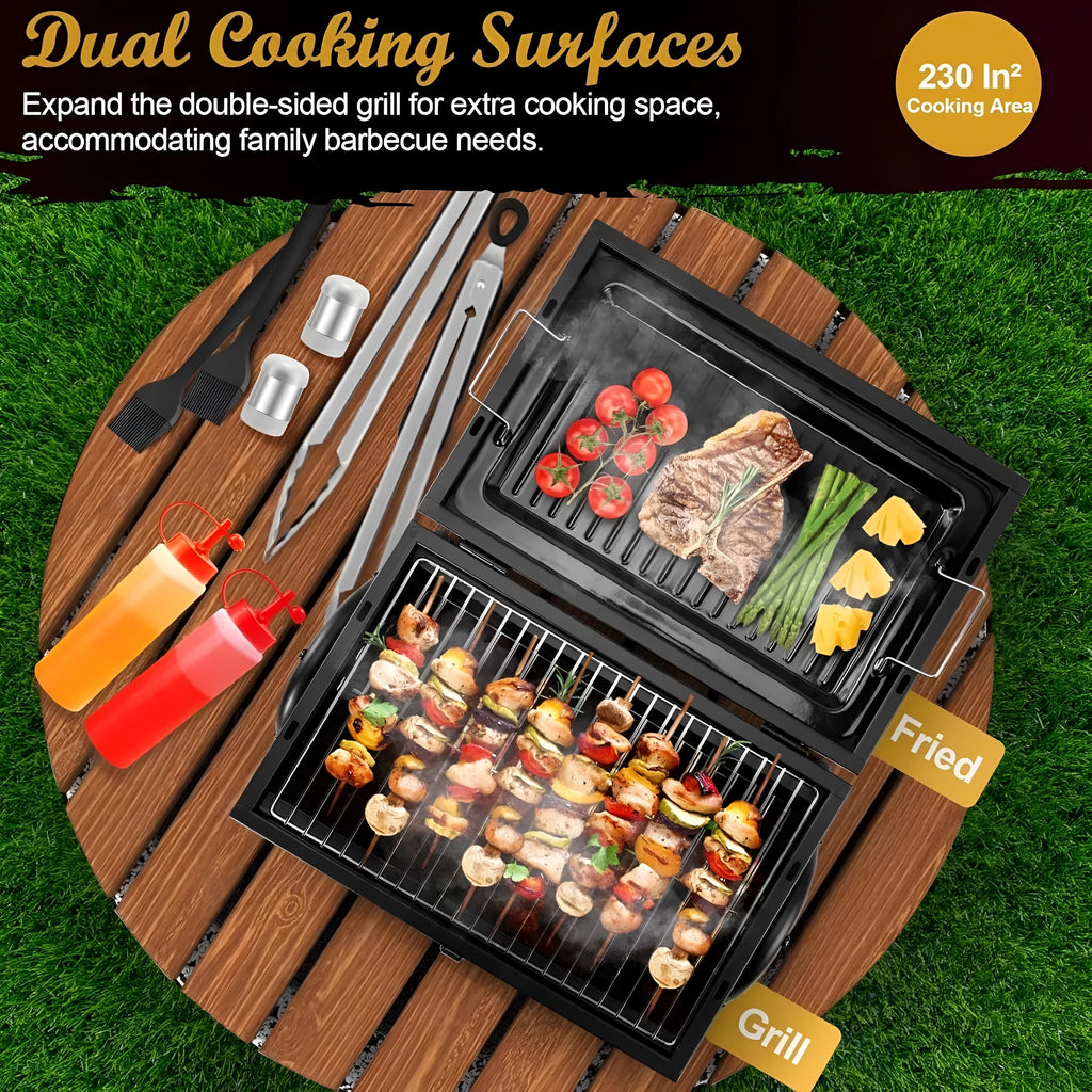 Small folding desktop charcoal barbecue grill with a single cooking grill, shown in a folded position.