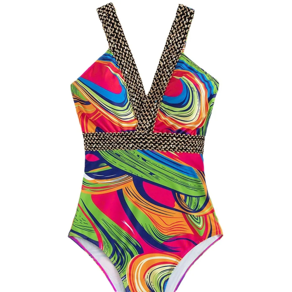 Women's deep V neck one-piece swimsuit with spaghetti straps on a hanger
