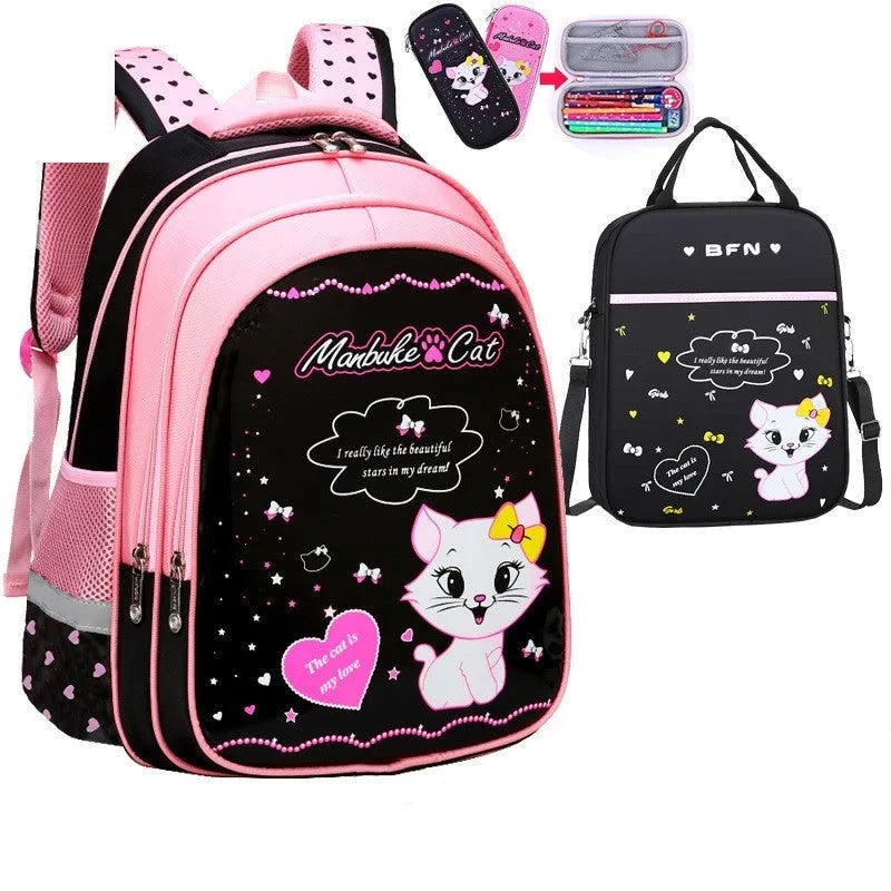 Kids school cute cat print backpack in nylon with zipper opening and computer pocket