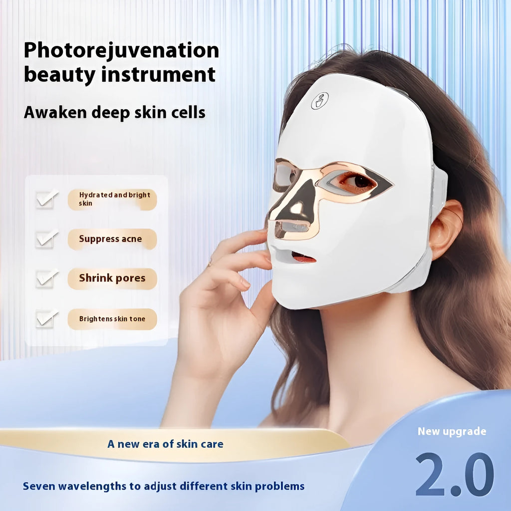 Rechargeable manual touch LED beauty mask in ABS plastic on a white background.