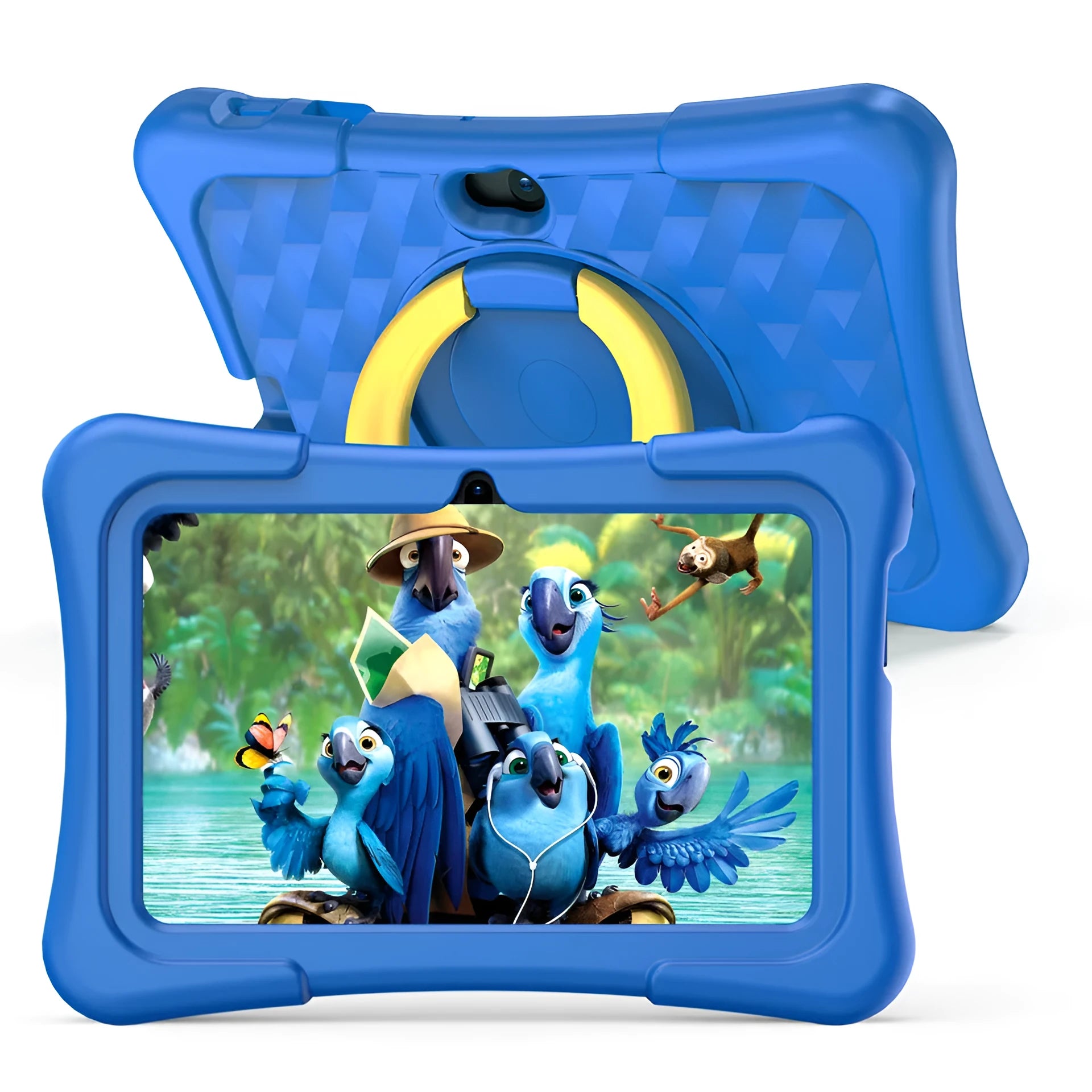 Blue and pink 7-inch children's educational tablet with a silicone protective cover.