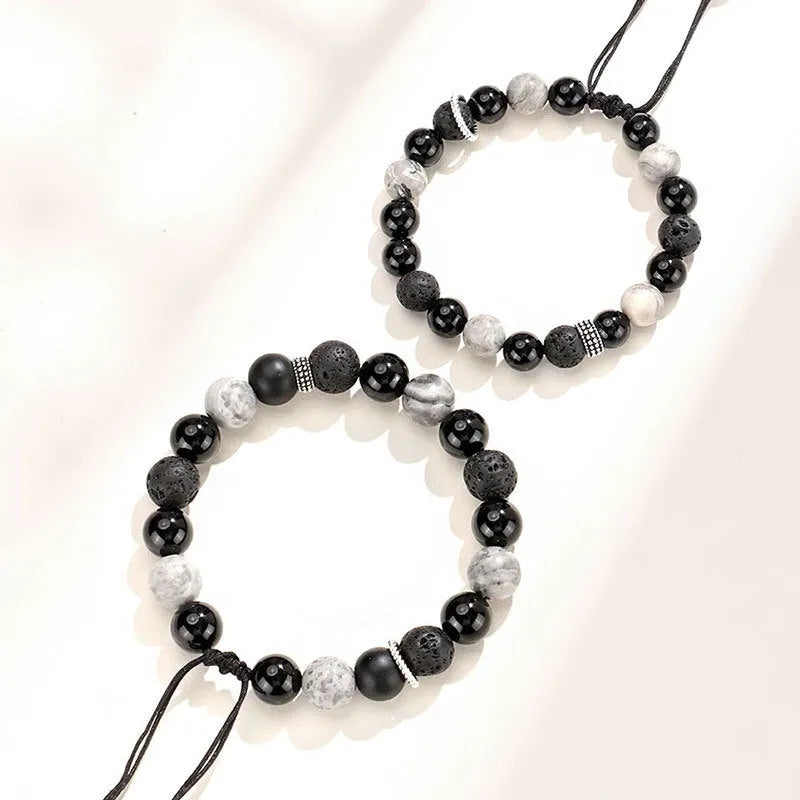 Black agate map stone unisex bracelet with volcanic rock in diamond shape, 8mm and 10mm sizes