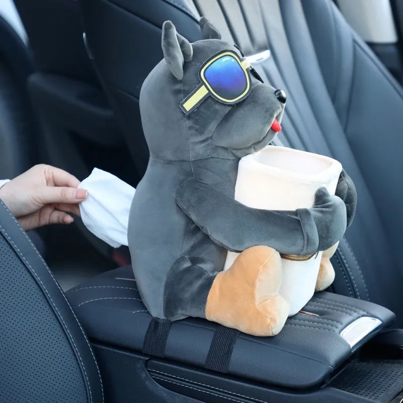 Plush car tissue box with creative dog design hanging on flip armrest box, 27x33cm