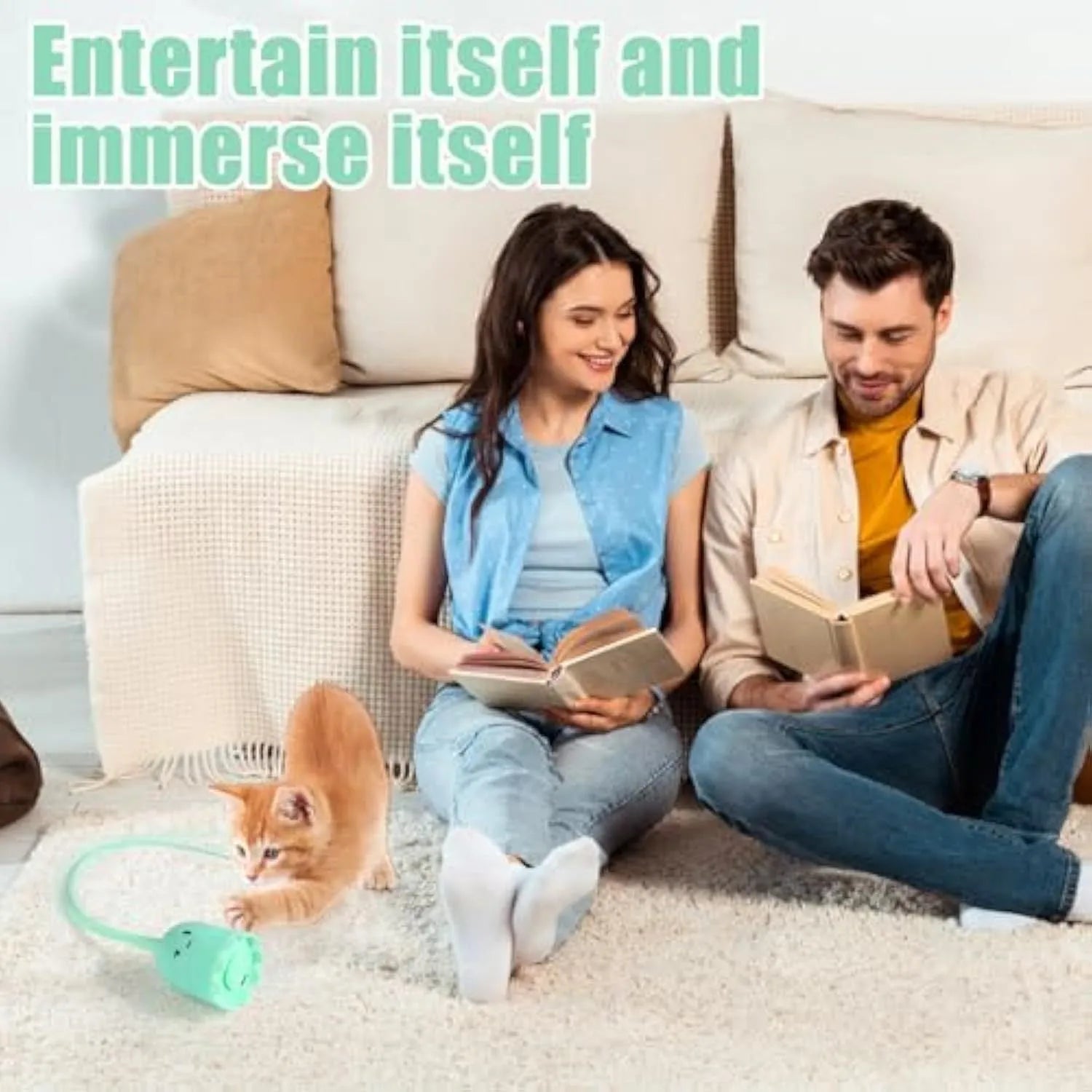 Green automatic cat wand toy with swinging silicone tails on a wooden floor.