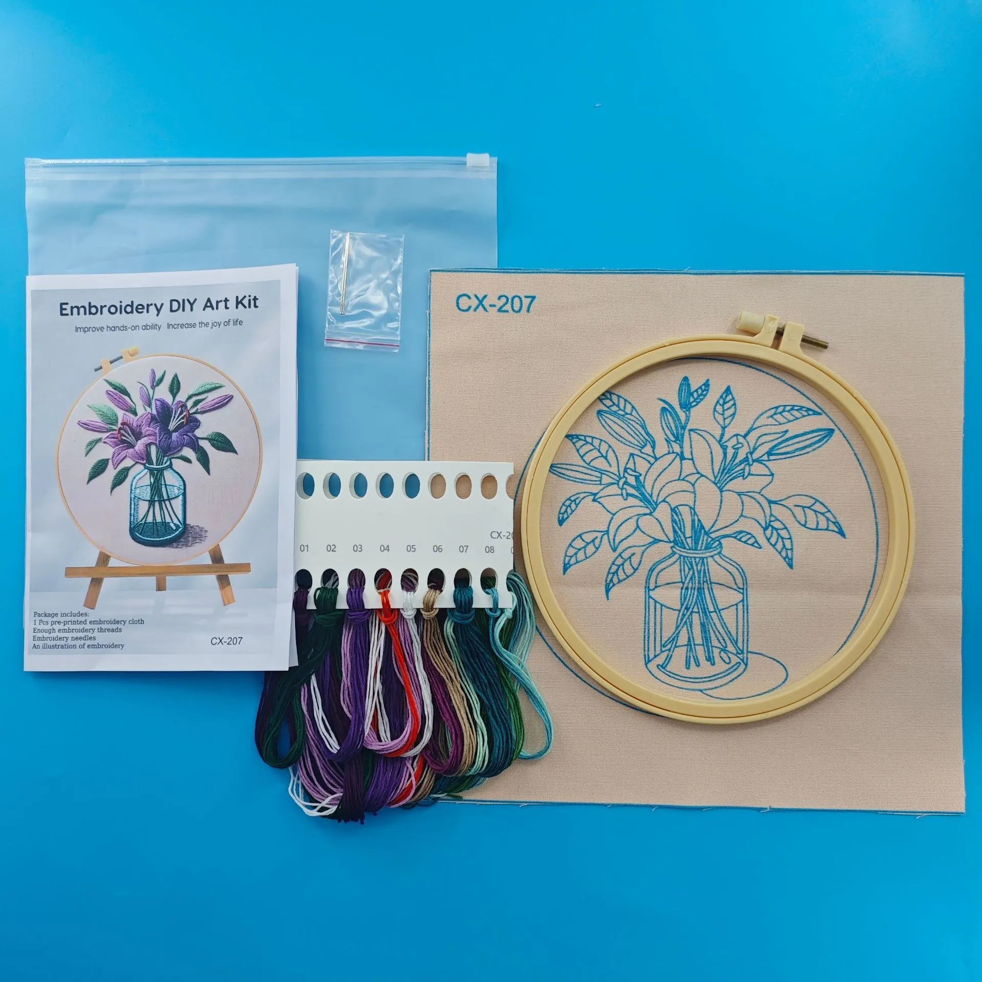 Cotton and linen embroidery fabric 28x28cm with purple lily flower design and imitation bamboo frame stand