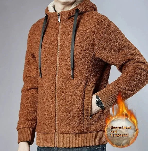 Winter men's zipper hooded sweater cardigan in khaki with thick fleece lining, sizes L to 8XL