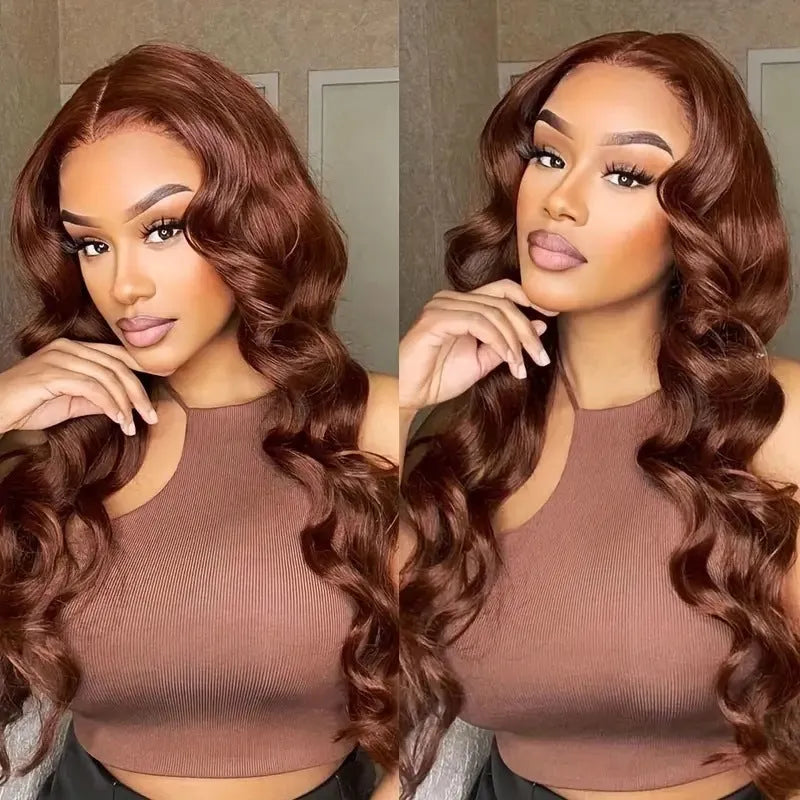 Women's long curly dark brown front lace wig with side bangs on a mannequin head