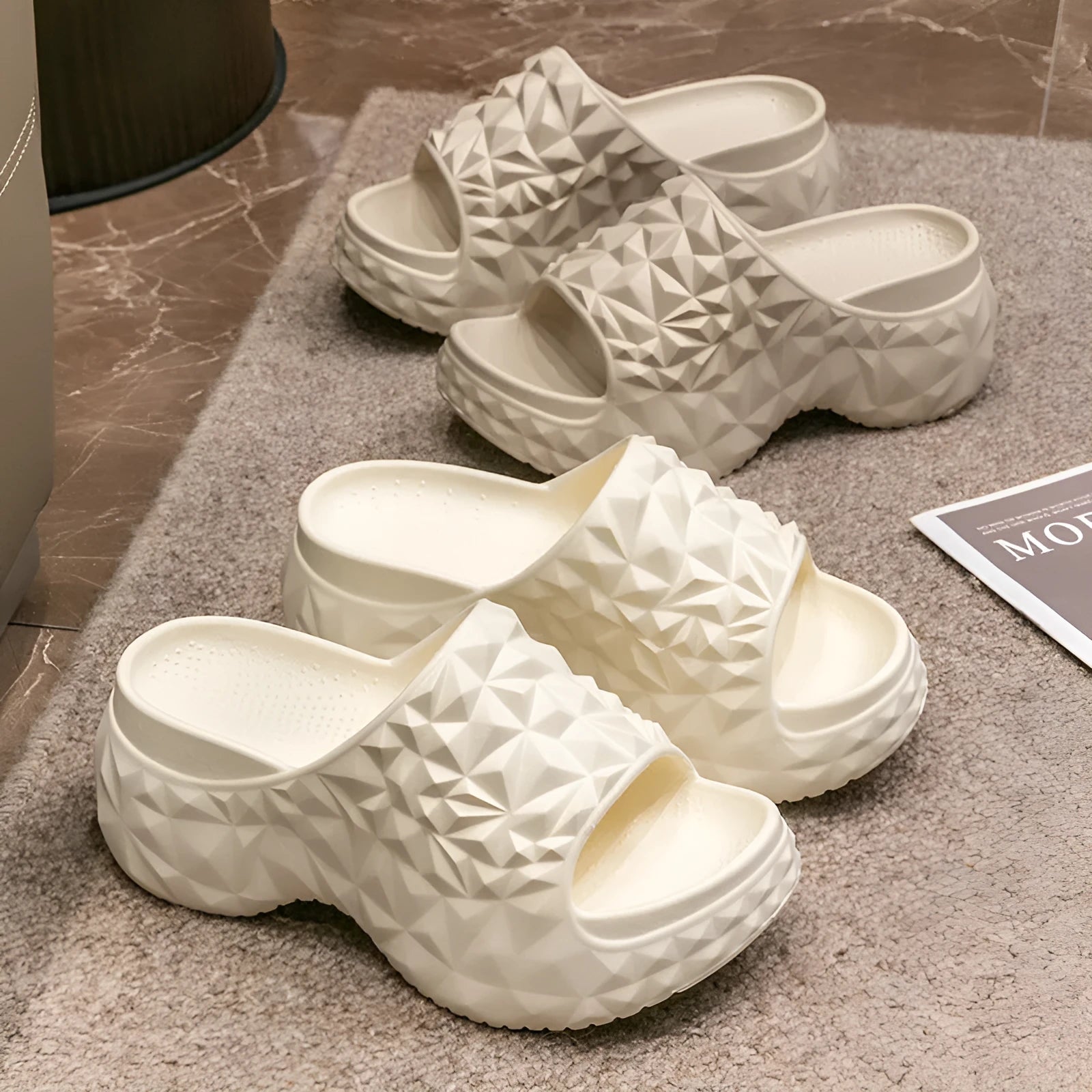 Khaki coloured EVA high heel flip flop slippers with a thick, textured sole.