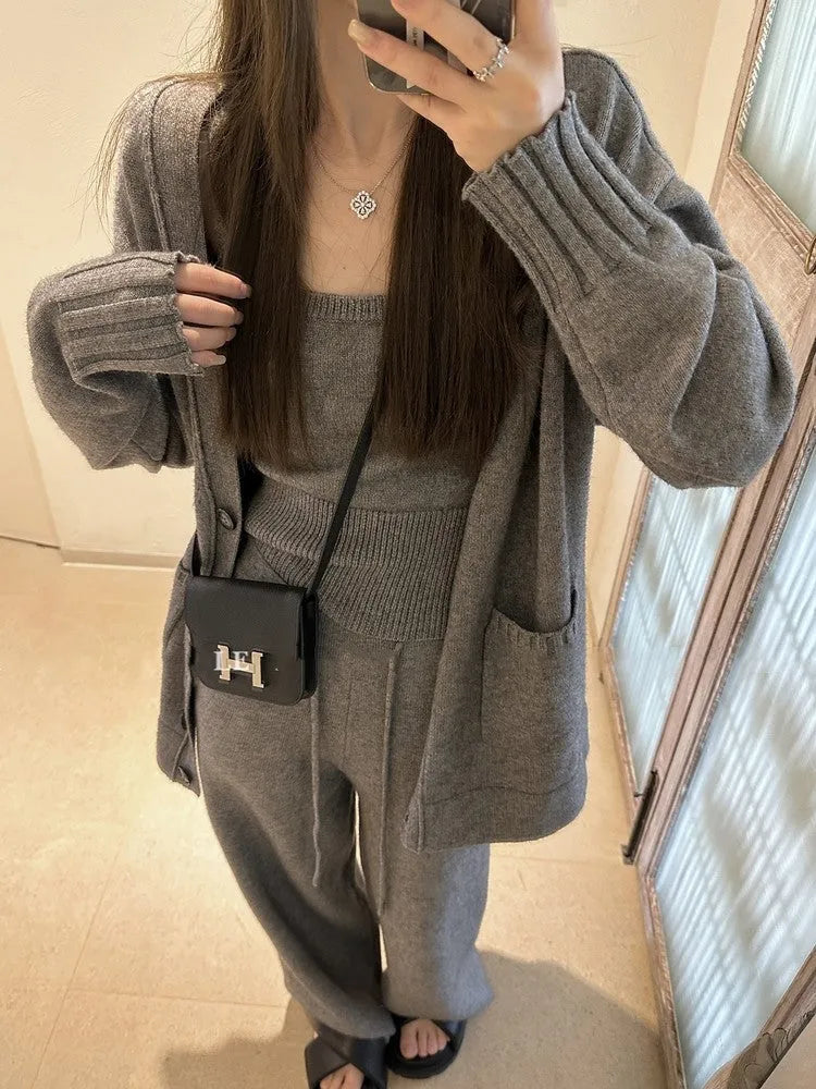 Women's knit cardigan vest pants three-piece set in Japanese Korean casual style