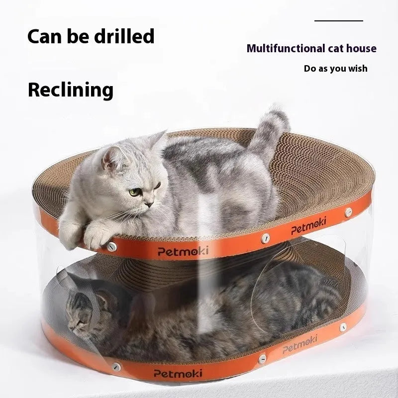 White and transparent 2-in-1 cat scratch board and enclosed PVC tunnel nest, measuring 58cm long.