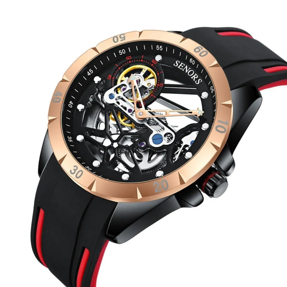 Men's automatic watch with hollow skeleton dial showing mechanical movement