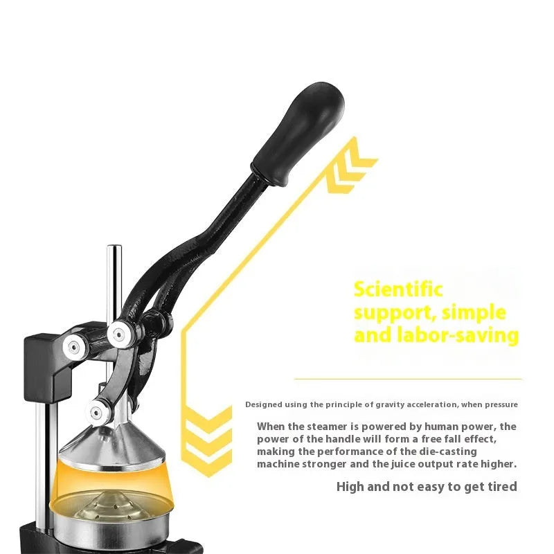 Black cast iron manual citrus juicer with stainless steel strainer, 40cm height