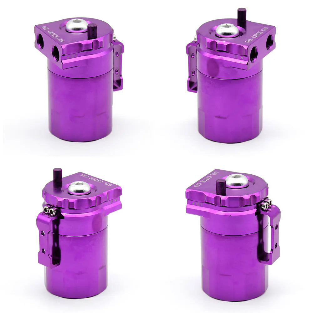Aluminium alloy car engine oil breathable pot air filter in red, blue, black, and silver colours.
