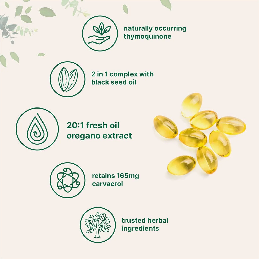 Butter black seed oil soft gel capsules in bottle showing 180 or 300 tablet packaging options
