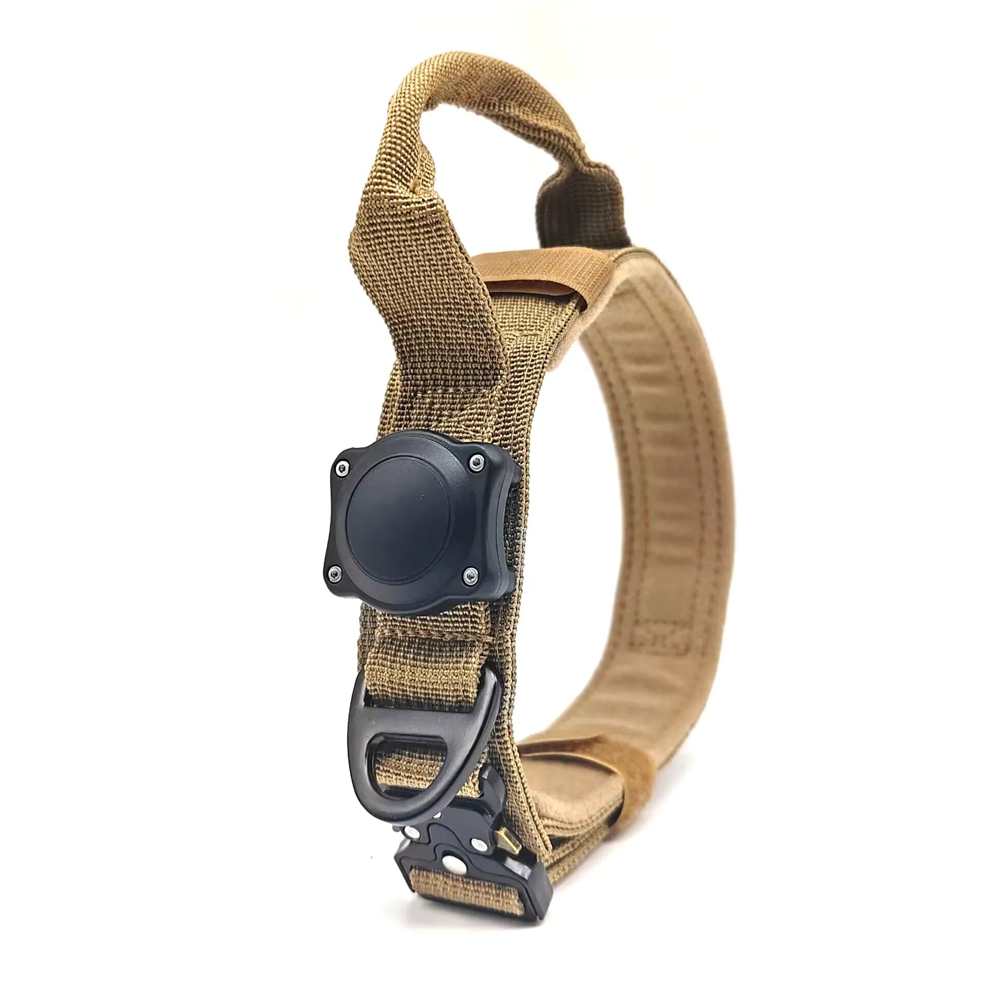 Tactical waterproof dog collar with positioning ring in black, army green, and khaki colours