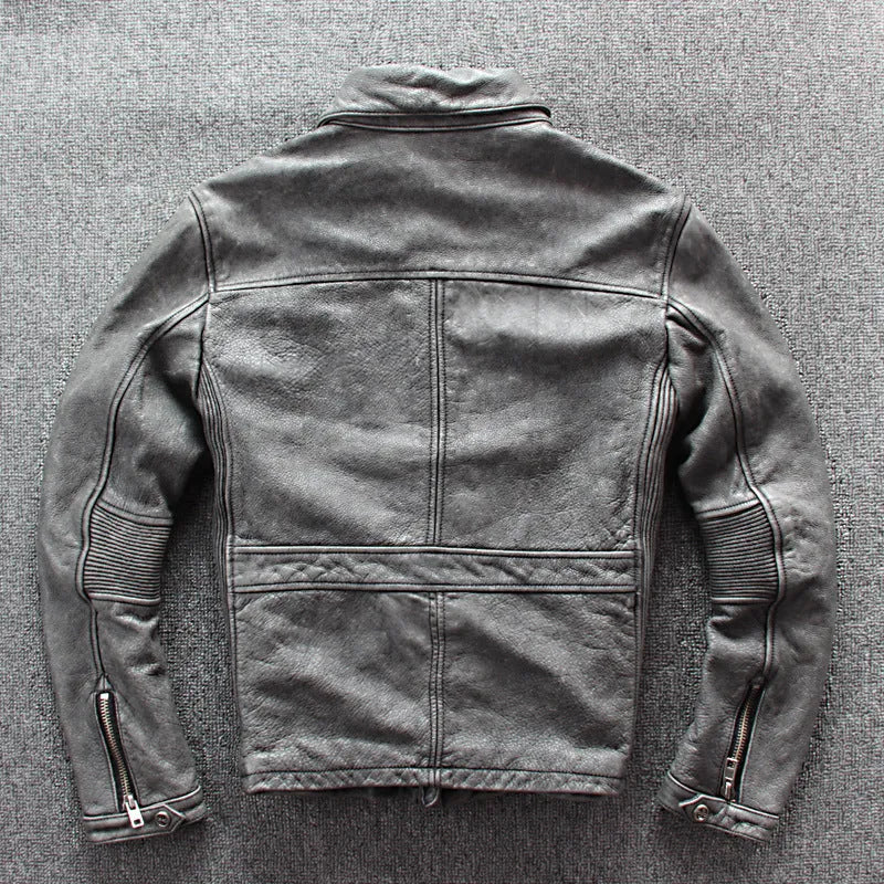 Men's gray genuine leather jacket with shirt collar, round hem, chest pocket, and color block pattern, sizes S-XXXXL.