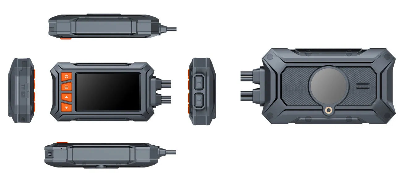 Motorcycle dual-lens GPS tachograph dash cam with accessories on a black background.