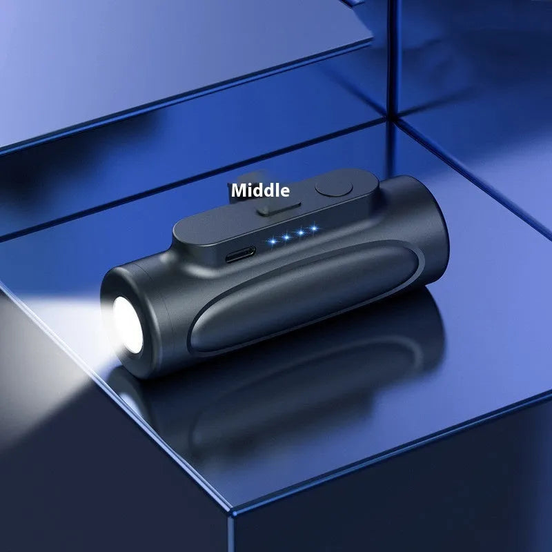 Black plastic power bank with integrated LED flashlight, showing USB-C port, dimensions 83x27x41mm.