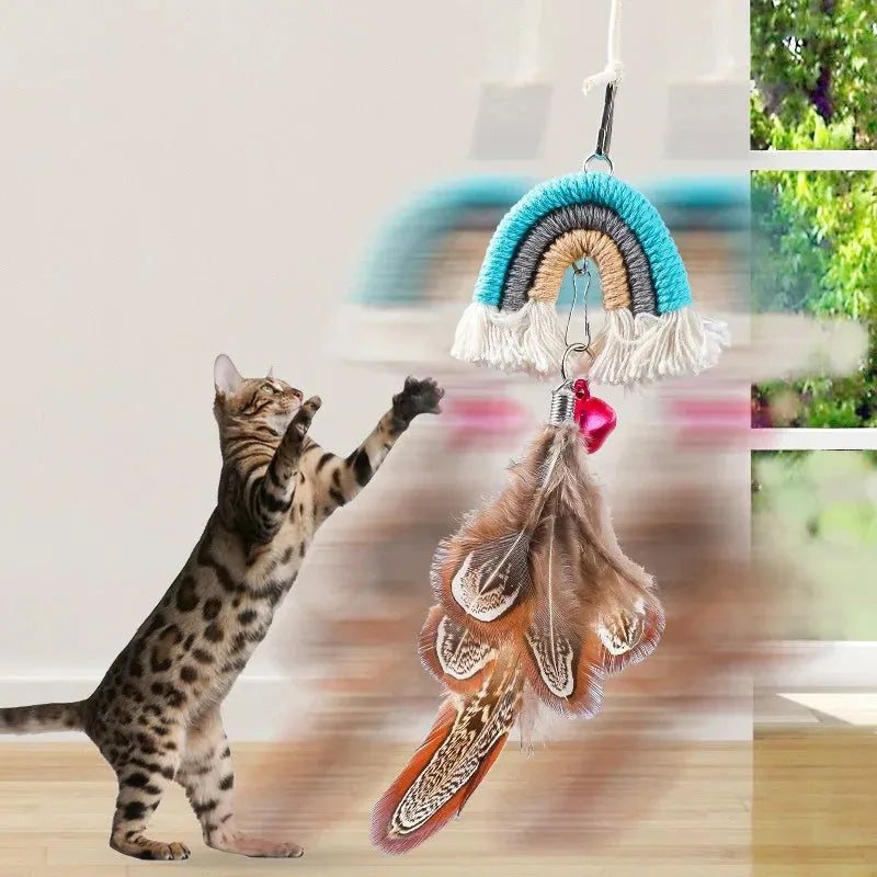 Cat door hanging toy with feather rope on elastic swing and sticky buckle clamp