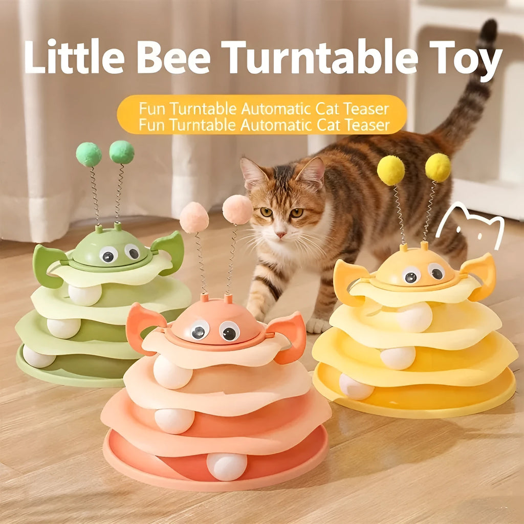 3-layer cat toy tower with rotating bee on top, green tracks and base, for kittens and adult cats