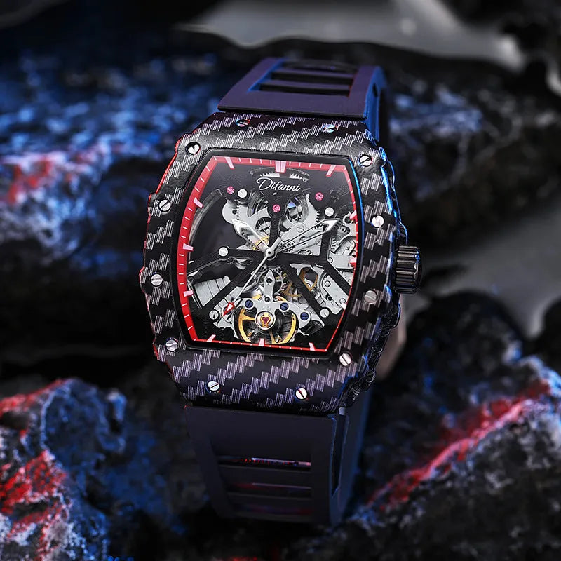 Men's mechanical waterproof watch with luminous dial on rubber strap with stainless steel buckle