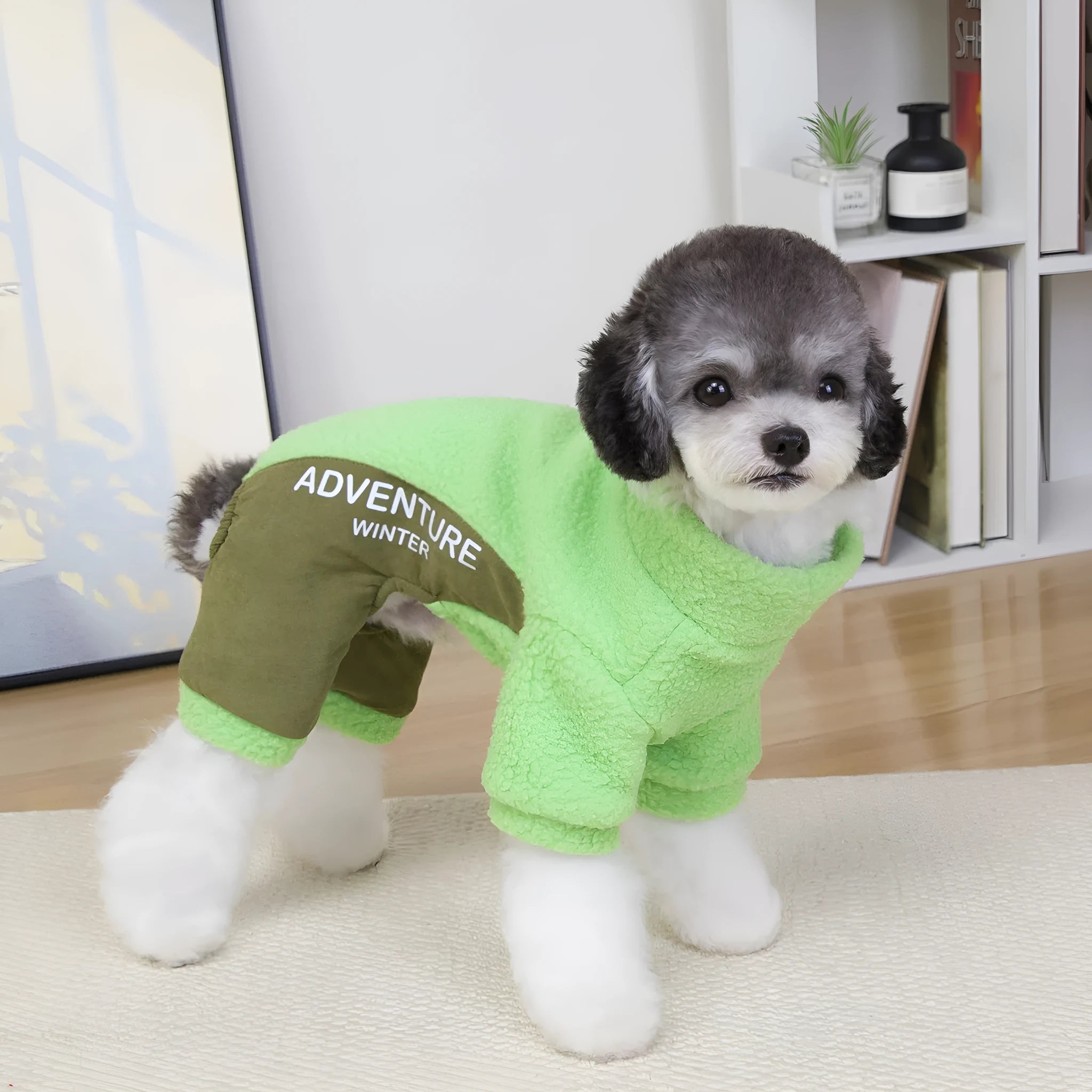 Dog four-legged thickened cold-proof pet clothes in polyester, available in green purple orange red, sizes S to 2XL