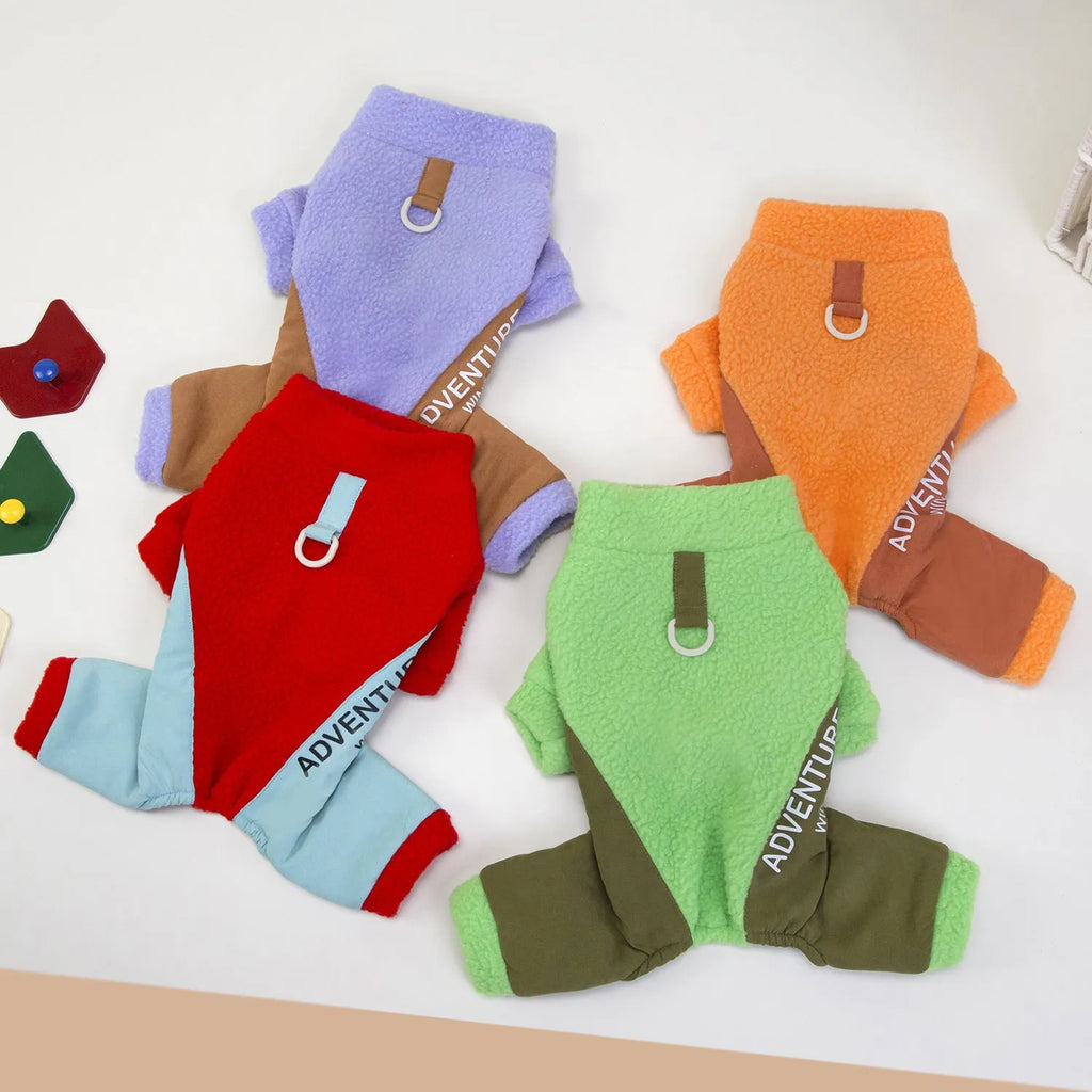 Dog four-legged thickened cold-proof pet clothes in polyester, available in green purple orange red, sizes S to 2XL