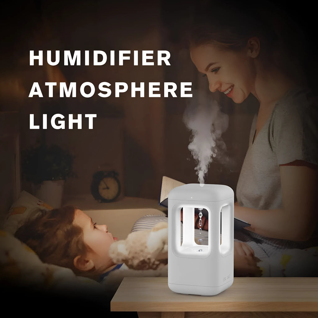 Weibel anti-gravity water drop humidifier white 500ml cool mist with atmosphere light on a nightstand