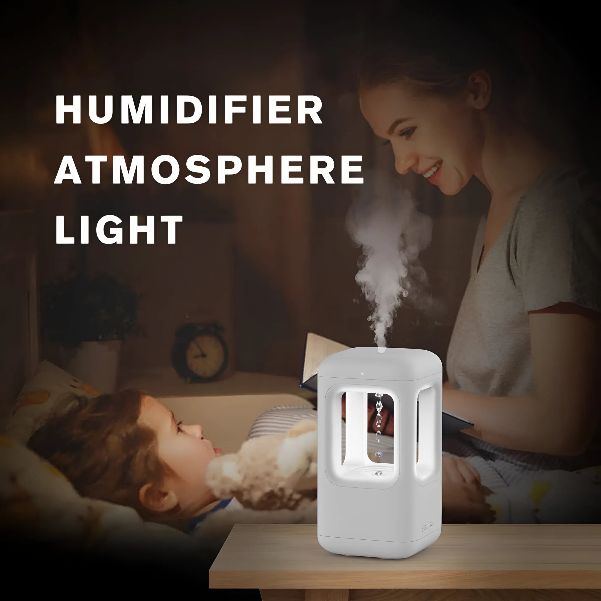 Weibel anti-gravity water drop humidifier white 500ml cool mist with atmosphere light on a nightstand
