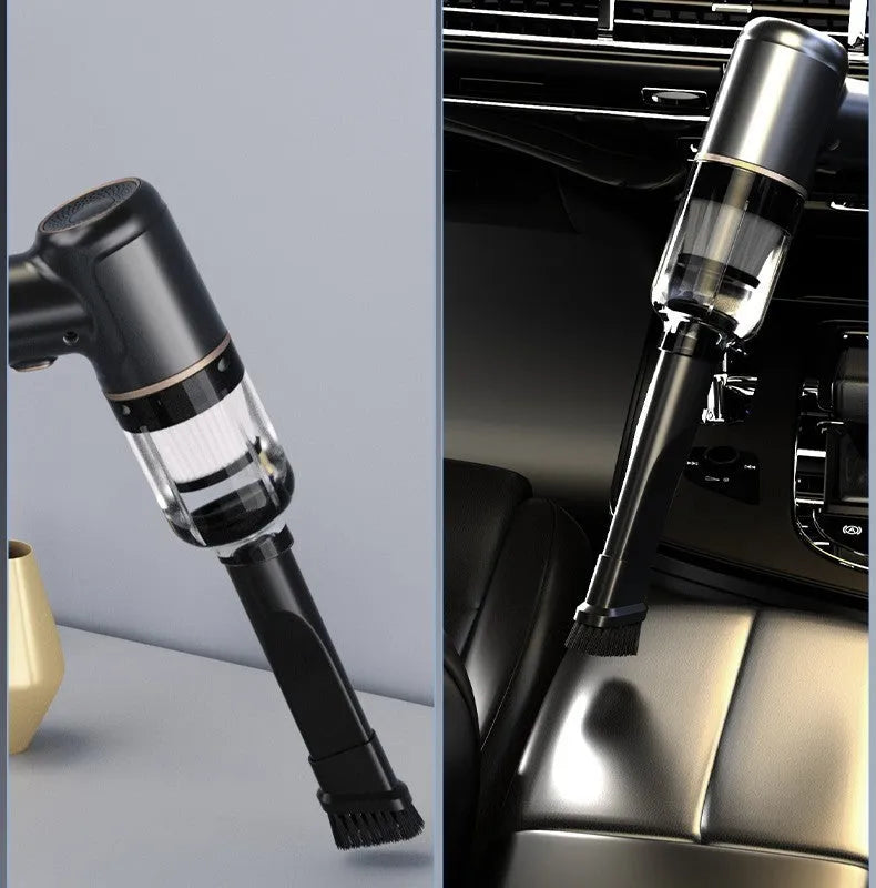 Black wireless handheld car vacuum cleaner and tyre inflator with multiple nozzle attachments on a white background.