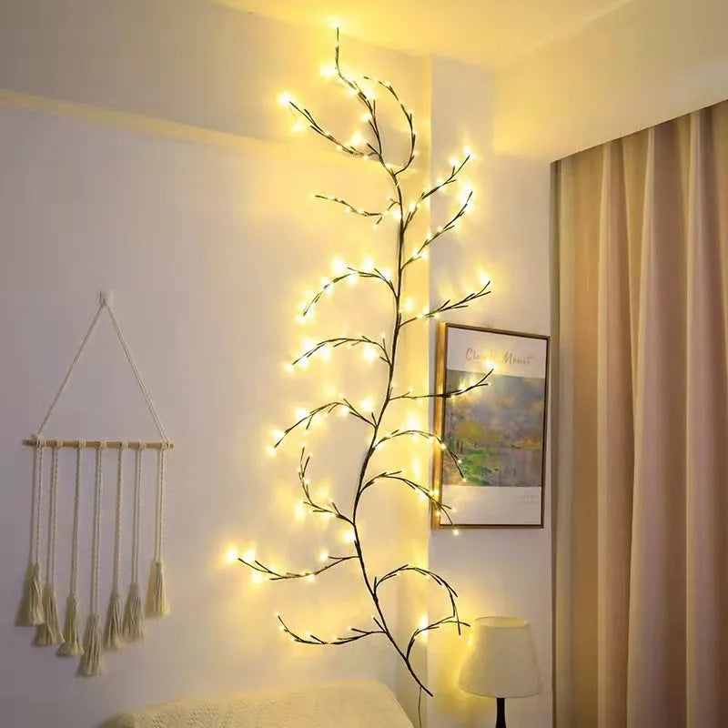 Flexible LED willow vine light garland with birch bark texture bent into a decorative shape
