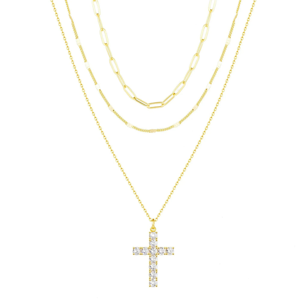 Multi-layer cross pendant necklace in gold electroplated zinc alloy with 41-50cm chain for women