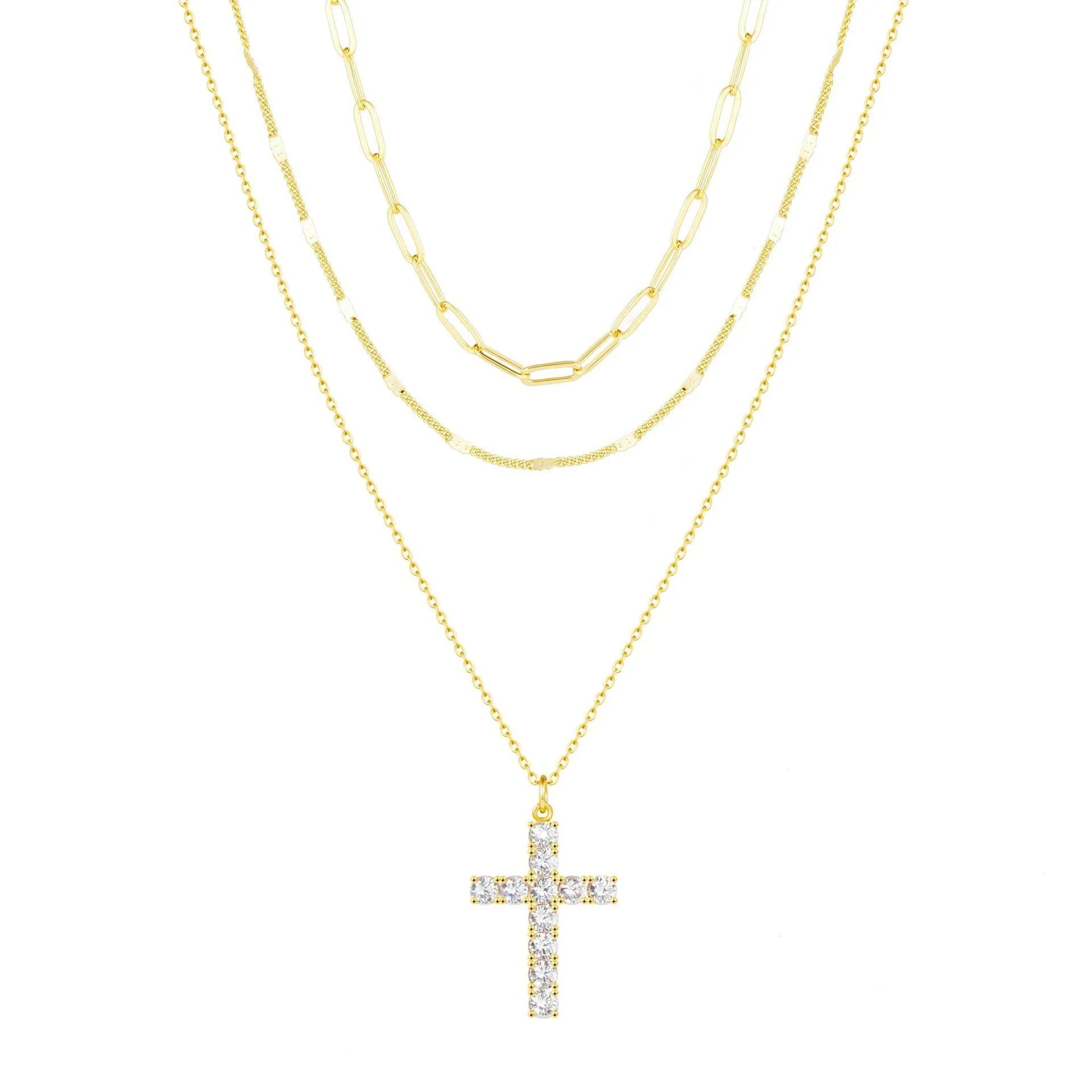 Multi-layer cross pendant necklace in gold electroplated zinc alloy with 41-50cm chain for women