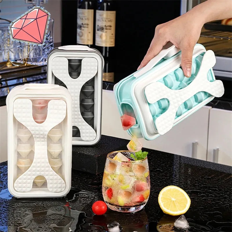 Portable silicone ice ball mould and water bottle in light grey, sky blue, or white, showing 2-in-1 design.