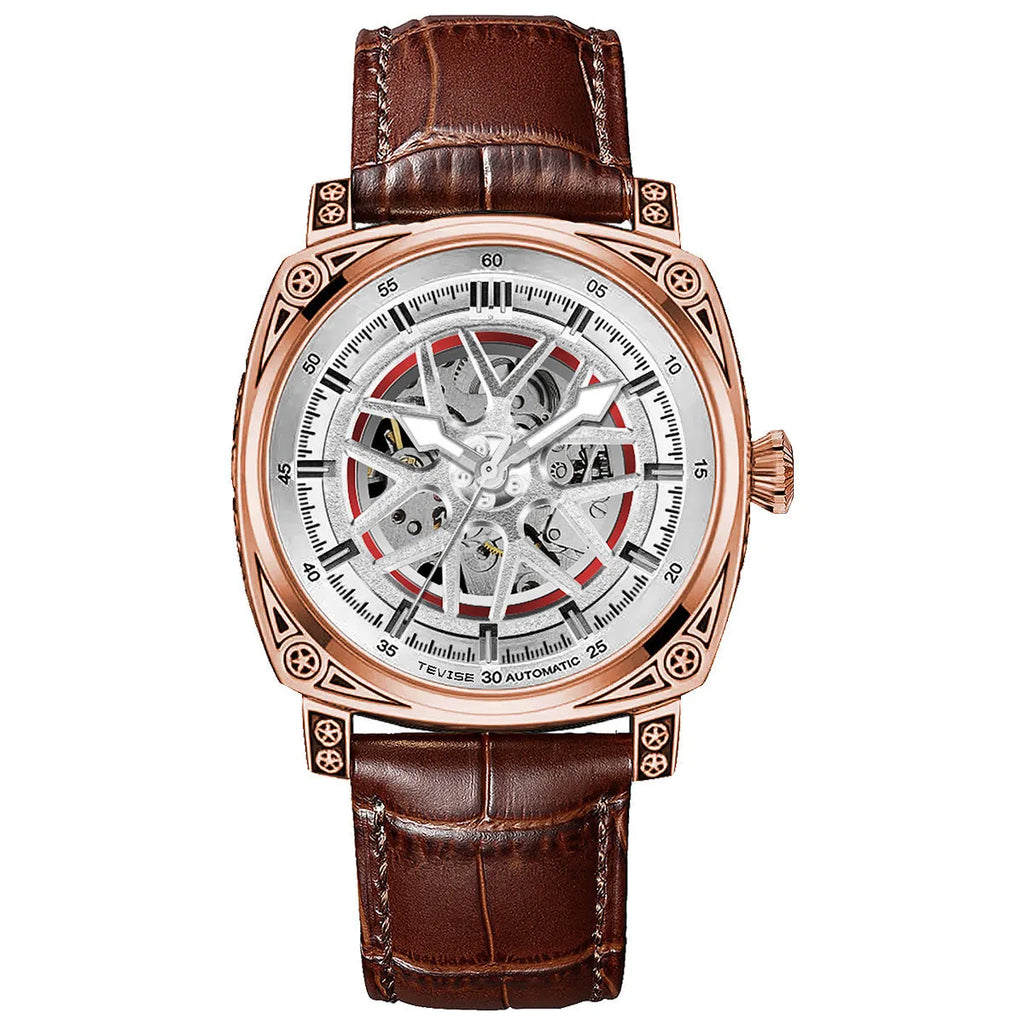 Automatic mechanical men's watch with stainless steel case and blue leather strap