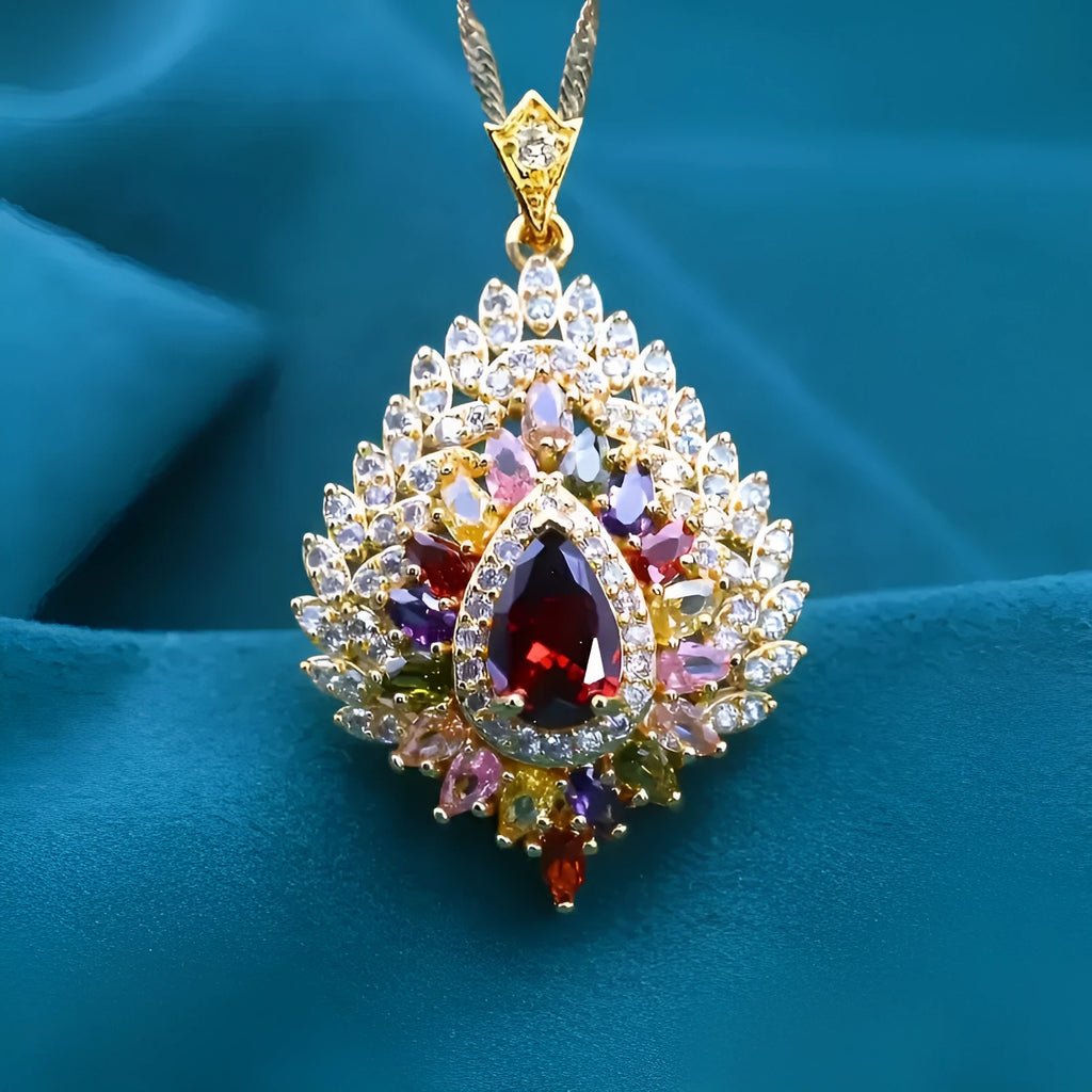 Real gold plated micro inlaid zircon pendant necklace on copper base, colourful affordable luxury style