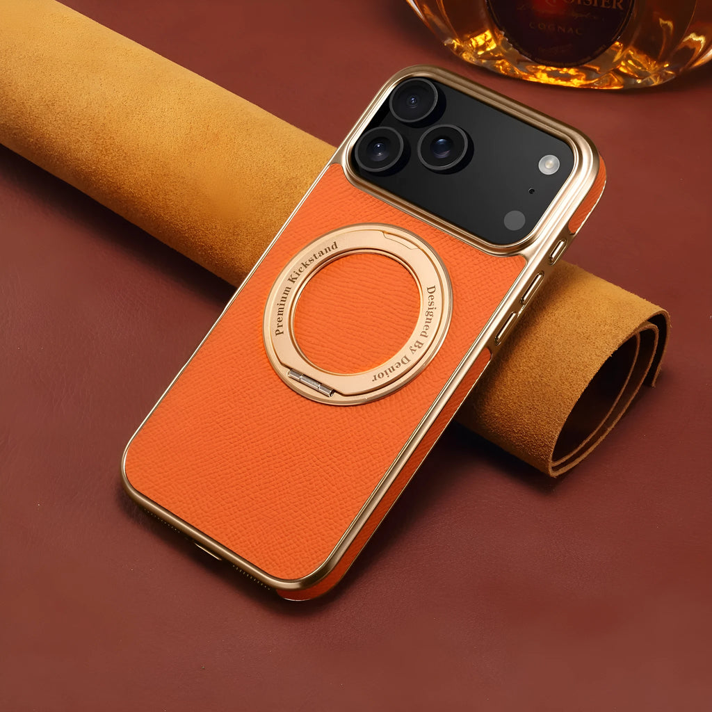 Denior genuine leather electroplating magnetic phone case for iPhone with stand in black