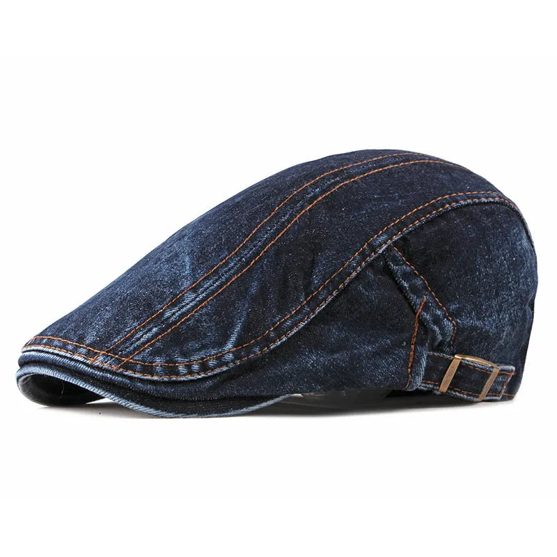 Fashion wash denim beret in black with flat-top crown and curly brim for unisex wear
