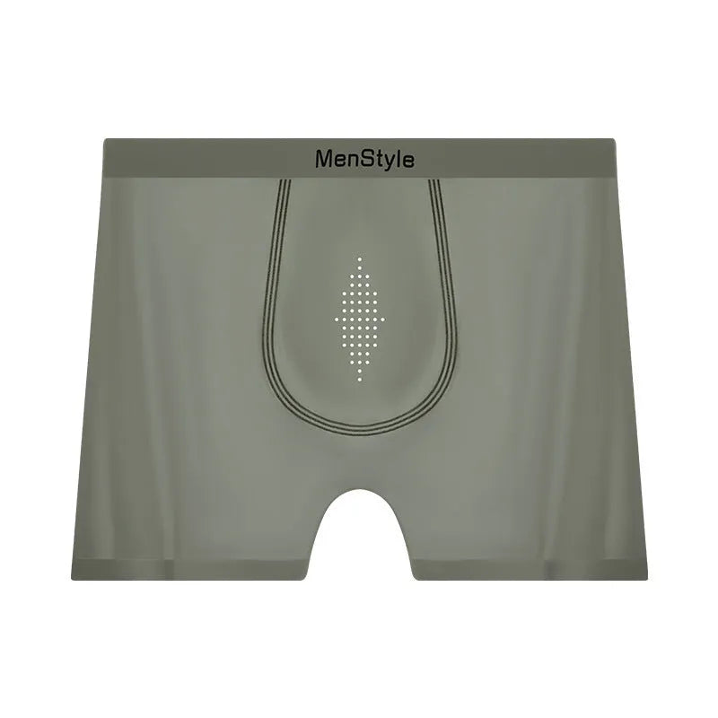 Men's seamless boxer shorts in satin ice silk nylon showing single-layer crotch construction