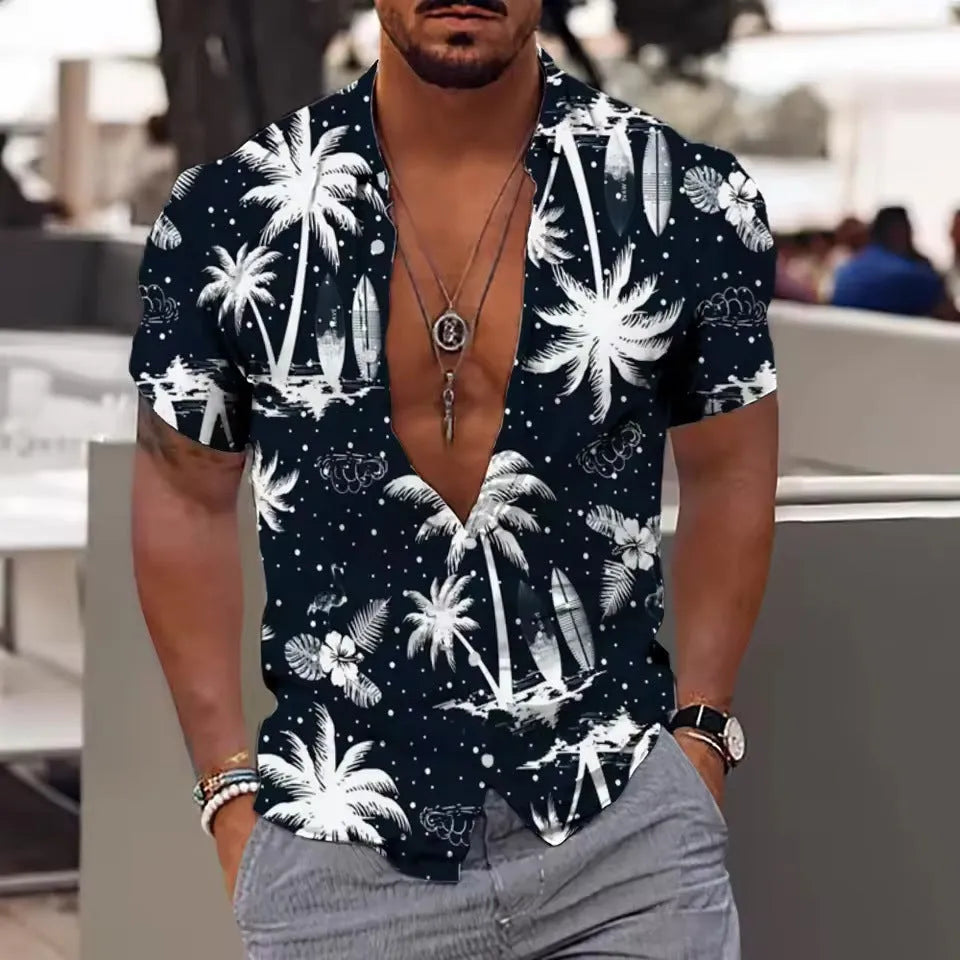 Men's loose fit floral printed cardigan shirt with short sleeves for summer beach wear