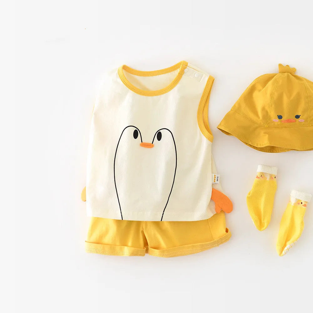 Big White Goose yellow cartoon shorts vest set for infants and toddlers, cotton blend, 73-100cm