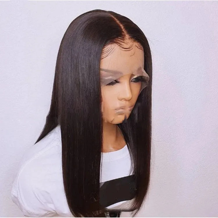Women's black front lace wig, medium-long straight, fully hand-woven, high temperature wire, dyeable