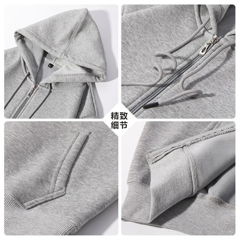 A beige men's heavyweight hooded zip-up sweater showing kangaroo pockets and a loose fit on a man.